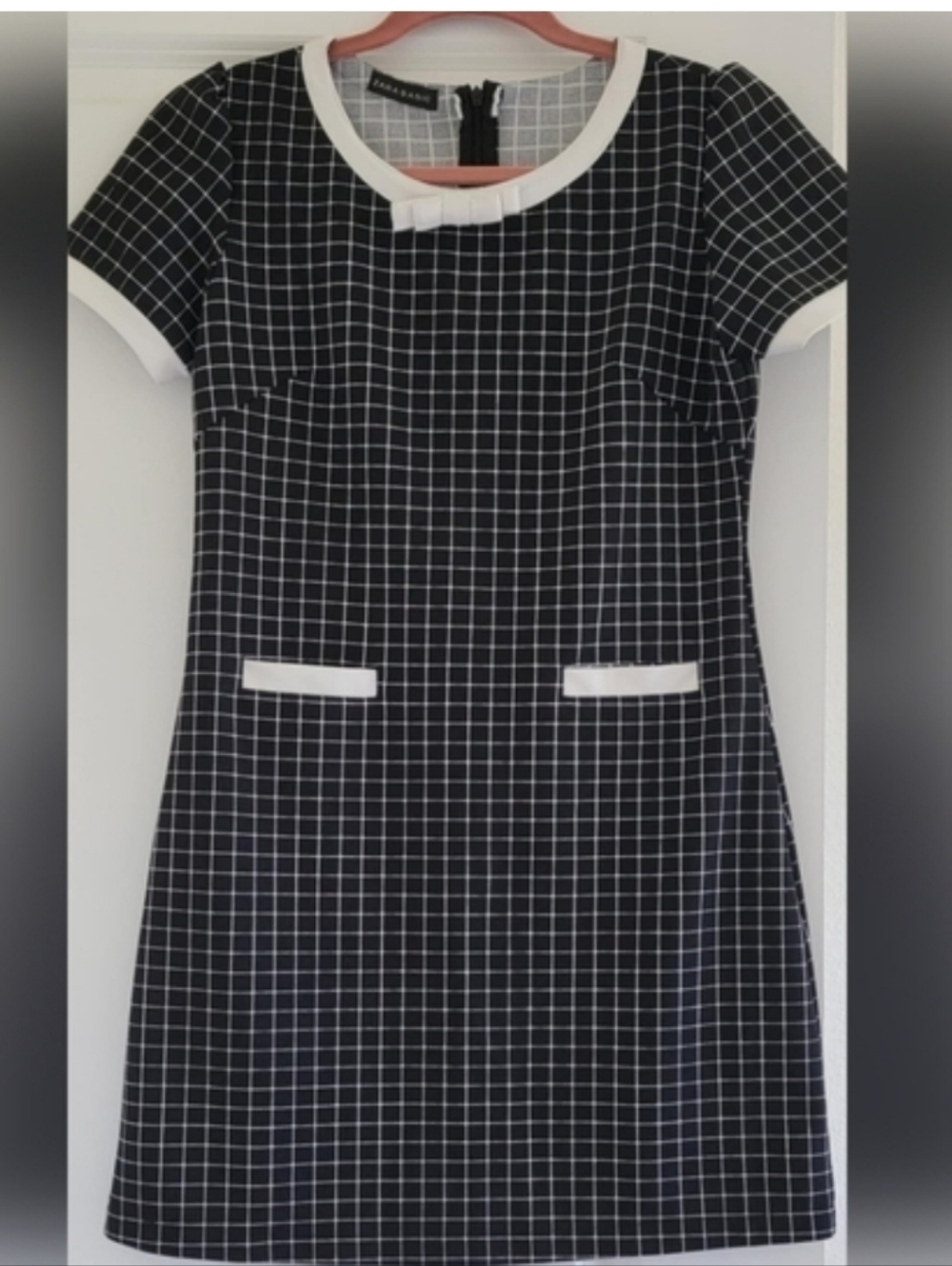 Zara Black & White Check Mini Dress Bow Detail Pockets Preppy Chic Size S - Picture 6 of 6